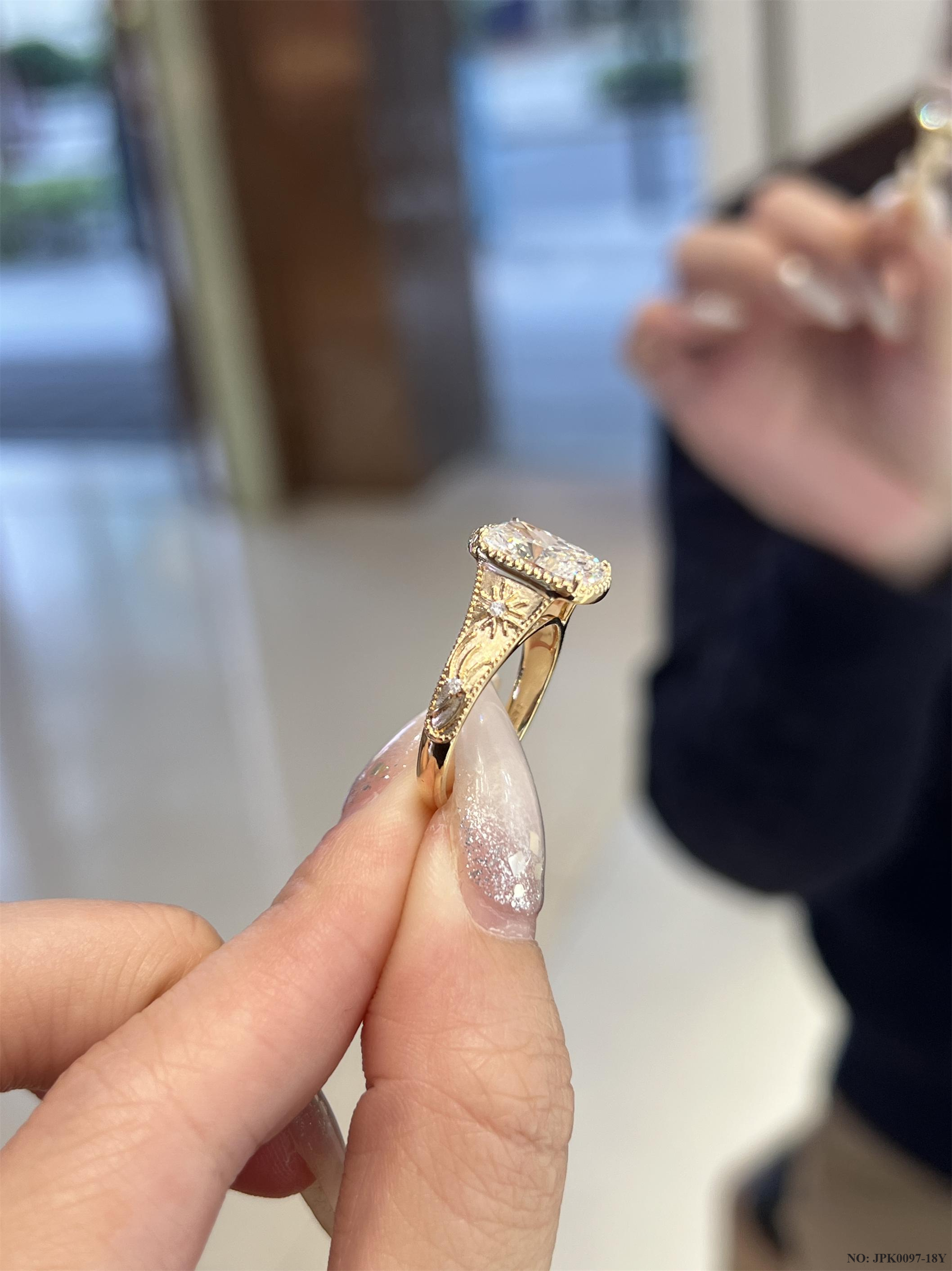 18K Gold 3-Carat Radiant-Cut Lab-Diamond Vintage Statement Ring with Milgrain Detailing-Engagement Rings