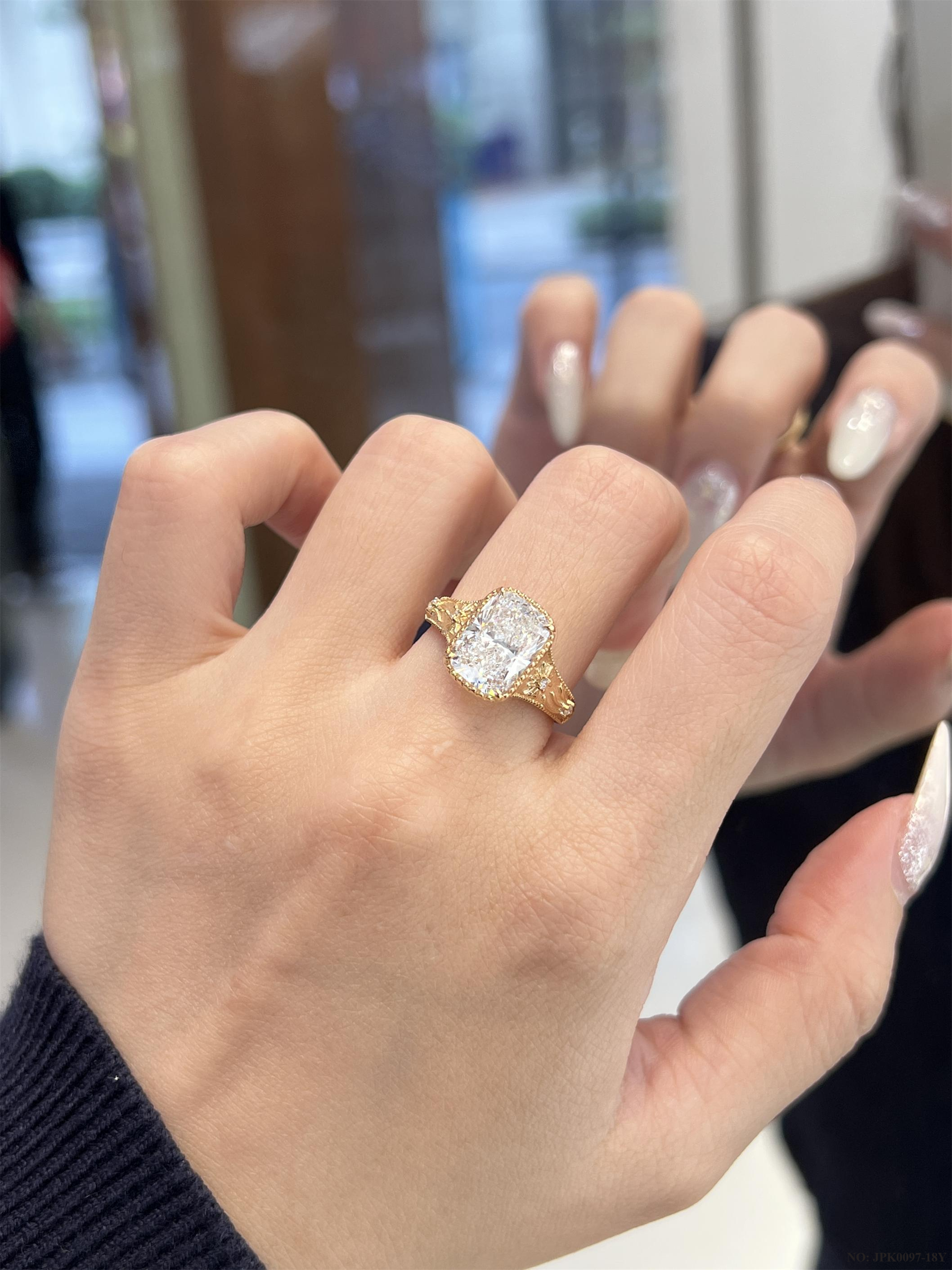 18K Gold 3-Carat Radiant-Cut Lab-Diamond Vintage Statement Ring with Milgrain Detailing-Engagement Rings