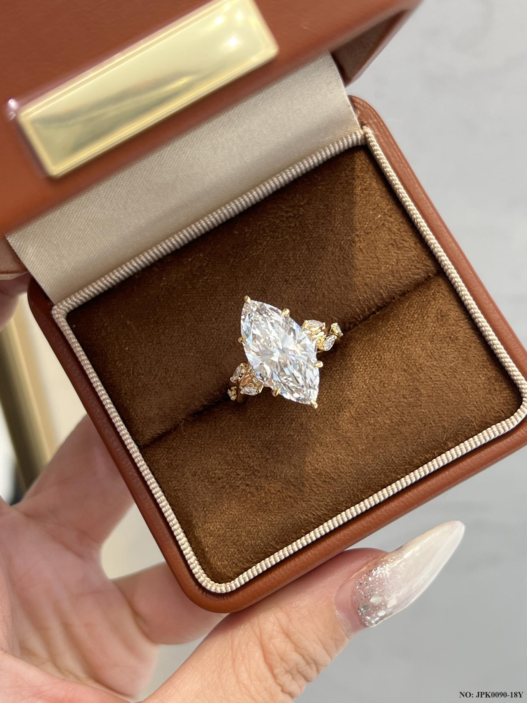 18K Yellow Gold 5-Carat Marquise Cut Diamond Engagement Ring, Floral Branch Design with Pave Cluster Accent, Women's Wedding  Ring Luxe