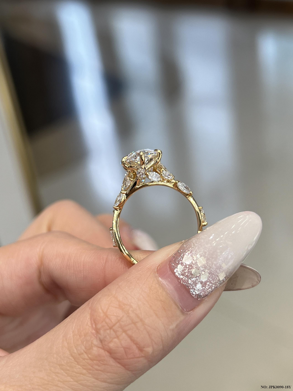 18K Yellow Gold 5-Carat Marquise Cut Diamond Engagement Ring, Floral Branch Design with Pave Cluster Accent, Women's Wedding  Ring Luxe