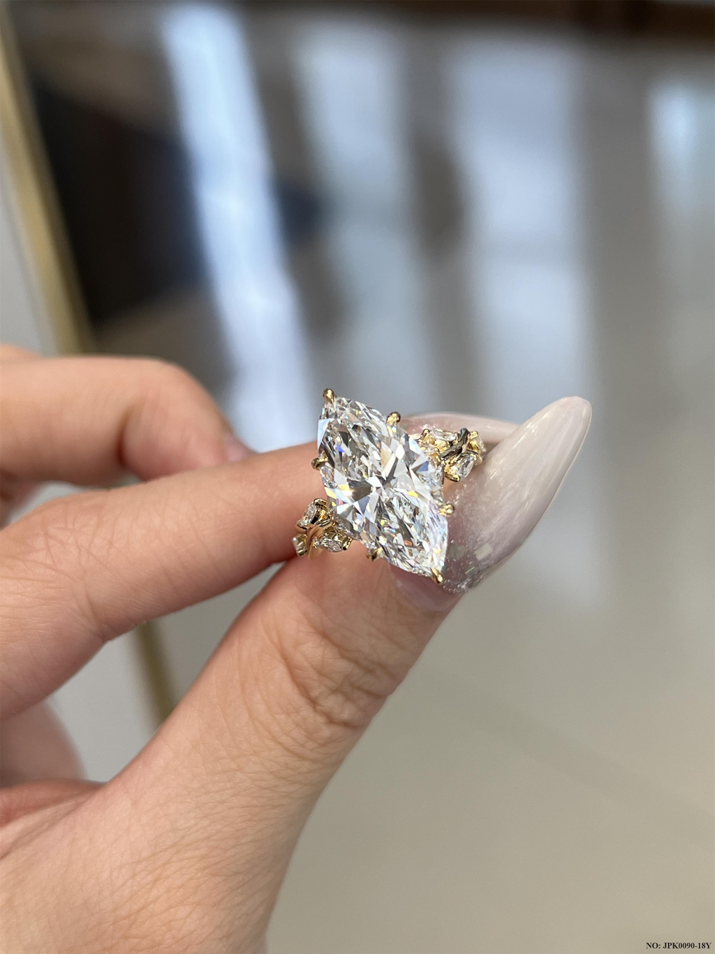 18K Yellow Gold 5-Carat Marquise Cut Diamond Engagement Ring, Floral Branch Design with Pave Cluster Accent, Women's Wedding  Ring Luxe