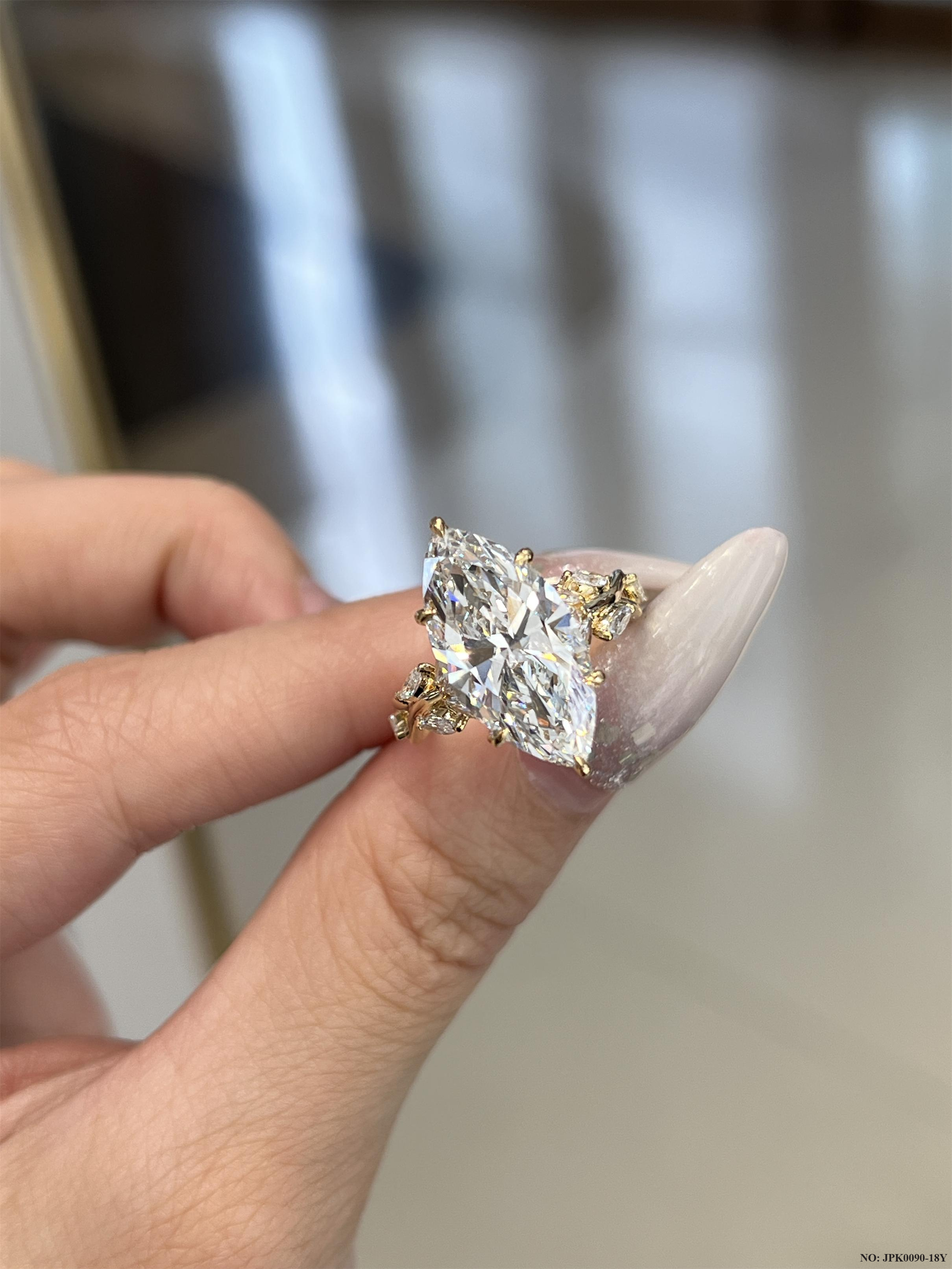 18K Yellow Gold 5-Carat Marquise Cut Diamond Engagement Ring, Floral Branch Design with Pave Cluster Accent, Women's Wedding  Ring Luxe