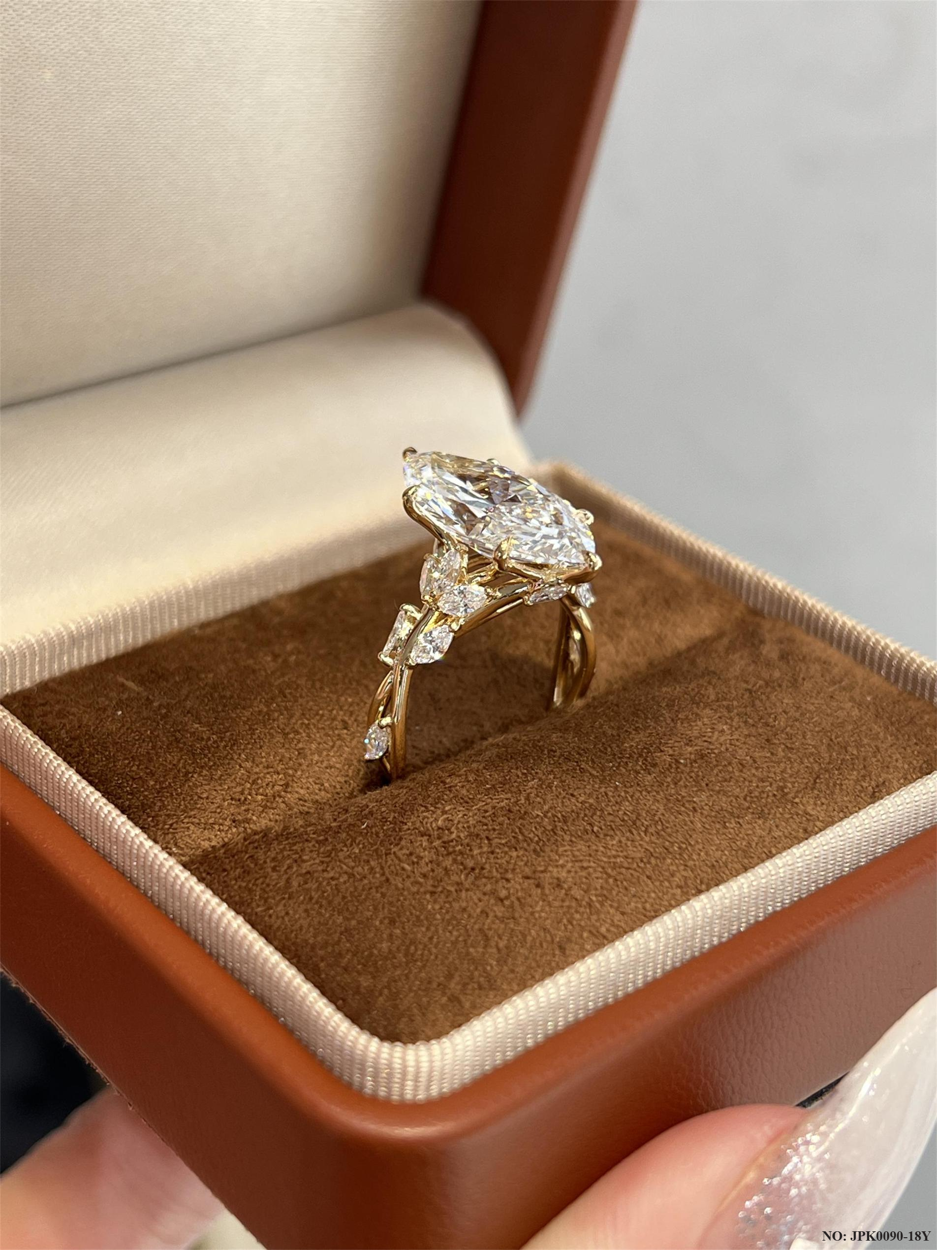 18K Yellow Gold 5-Carat Marquise Cut Diamond Engagement Ring, Floral Branch Design with Pave Cluster Accent, Women's Wedding  Ring Luxe