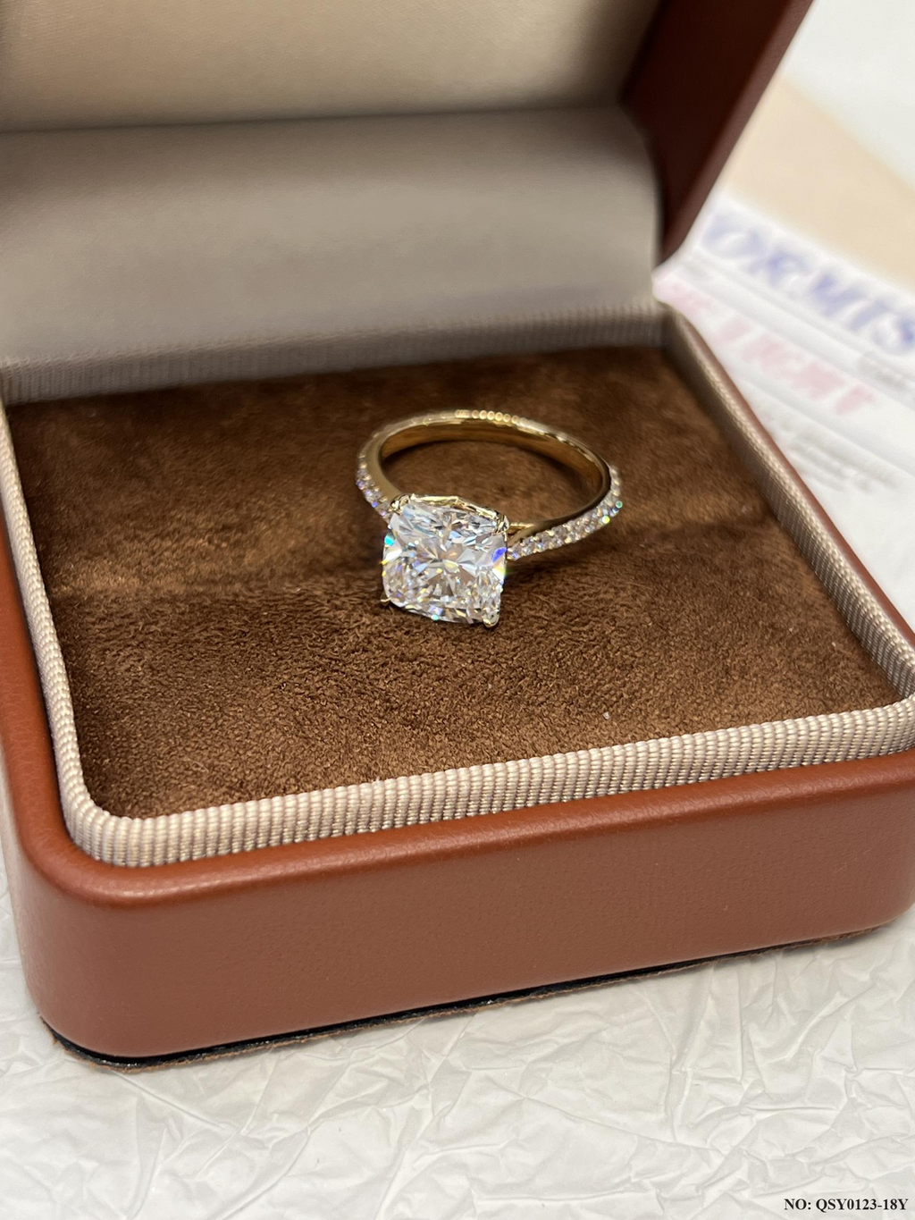 18K Gold 3ct Cushion Cut Lab Grown Diamond Ring - Pavé Band & Side-Stone Gallery Eternal Design