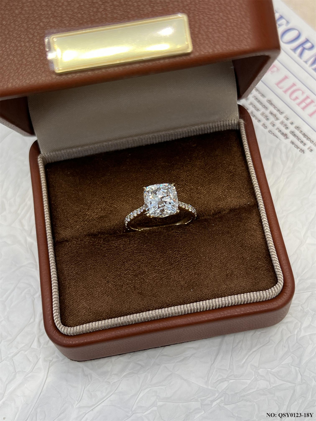 18K Gold 3ct Cushion Cut Lab Grown Diamond Ring - Pavé Band & Side-Stone Gallery Eternal Design