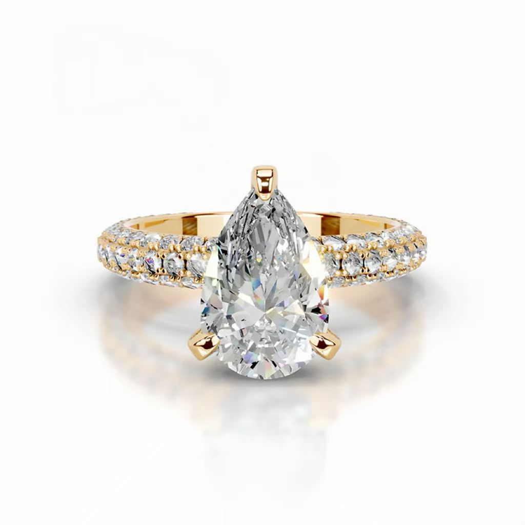 14K Gold 2 Carat Pear Cut Lab-Grown Diamond Ring, D Color, VS1 Clarity, IGI Certified. Light luxury elegant style, versatile daily wear engagement and proposal ring